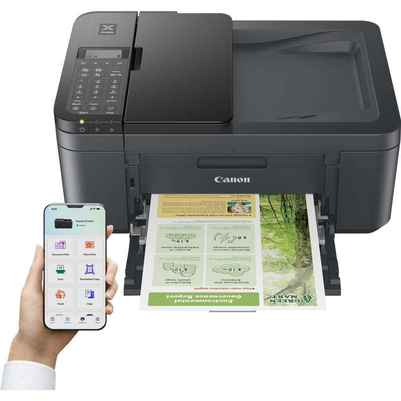 Impresora fotográfica de inyección de tinta en color multifunción e inalámbrica Canon PIXMA TR4755i, en negro Producto Producto con bandeja abierta y móvil