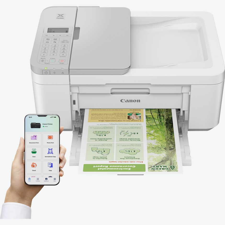 Canon PIXMA TR4756i Wireless Colour All-in-One Inkjet Photo Printer, White Product Product with open tray and mobile