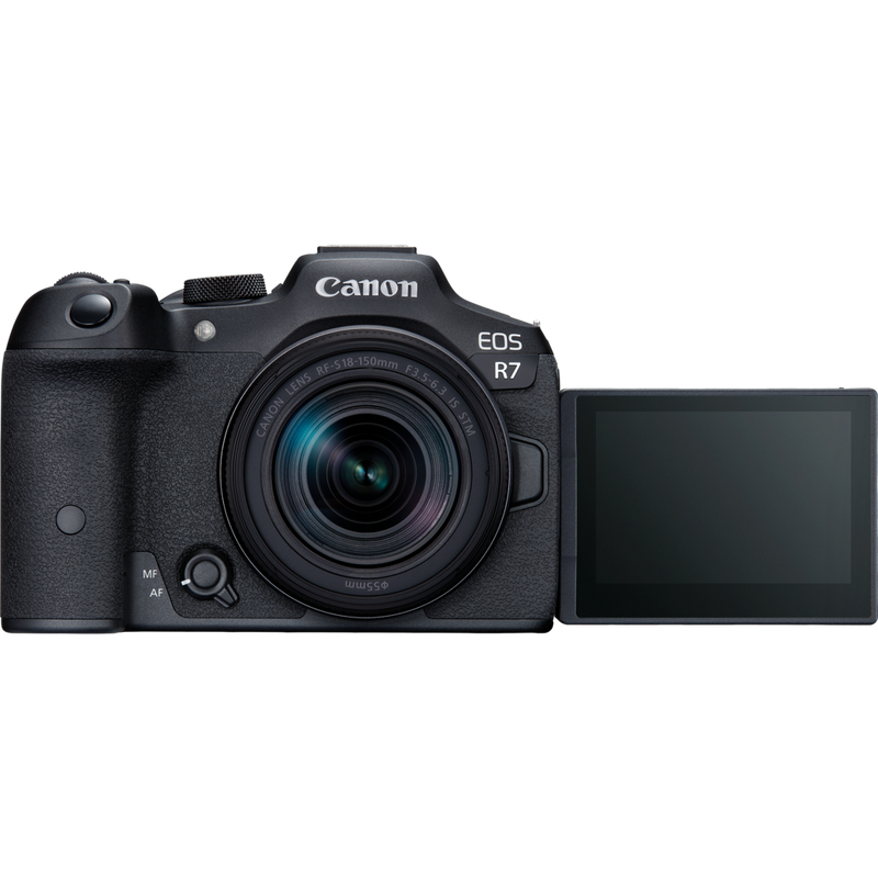 Canon EOS R7 Mirrorless Camera Body Product Front View with open screen