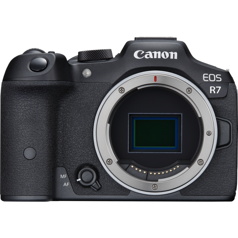 Canon EOS R7 spejlløst kamerahus + RF-S 18-150mm F3.5-6.3 IS STM-objektiv + RF-S 10-18mm F4.5-6.3 IS STM-objektiv Produkter Kun hus set forfra