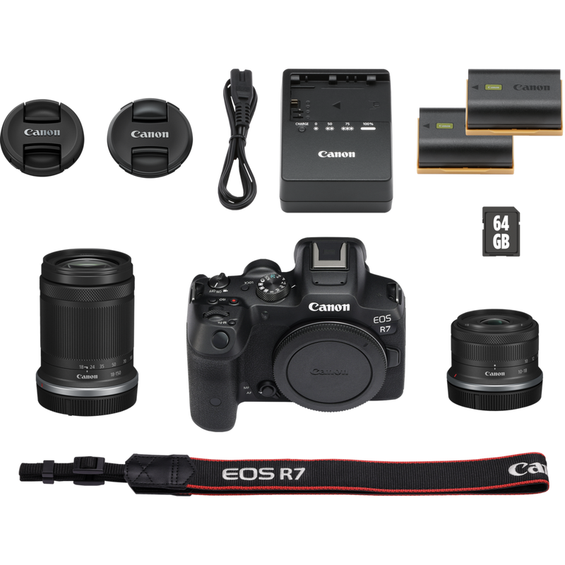 Canon EOS R7 spejlløst kamerahus + RF-S 18-150mm F3.5-6.3 IS STM-objektiv + RF-S 10-18mm F4.5-6.3 IS STM-objektiv Produkter Kassens indhold