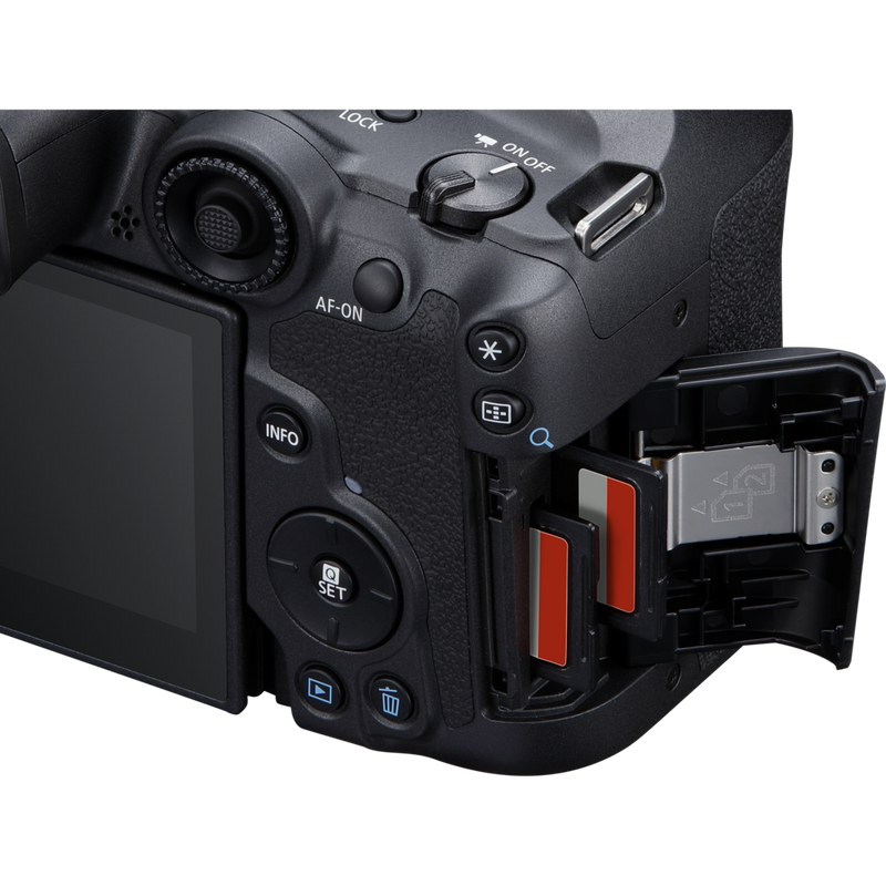 Canon EOS R7 spejlløst kamerahus + RF-S 18-150mm F3.5-6.3 IS STM-objektiv + RF-S 10-18mm F4.5-6.3 IS STM-objektiv Produkter Næroptagelse af SD-kortstik