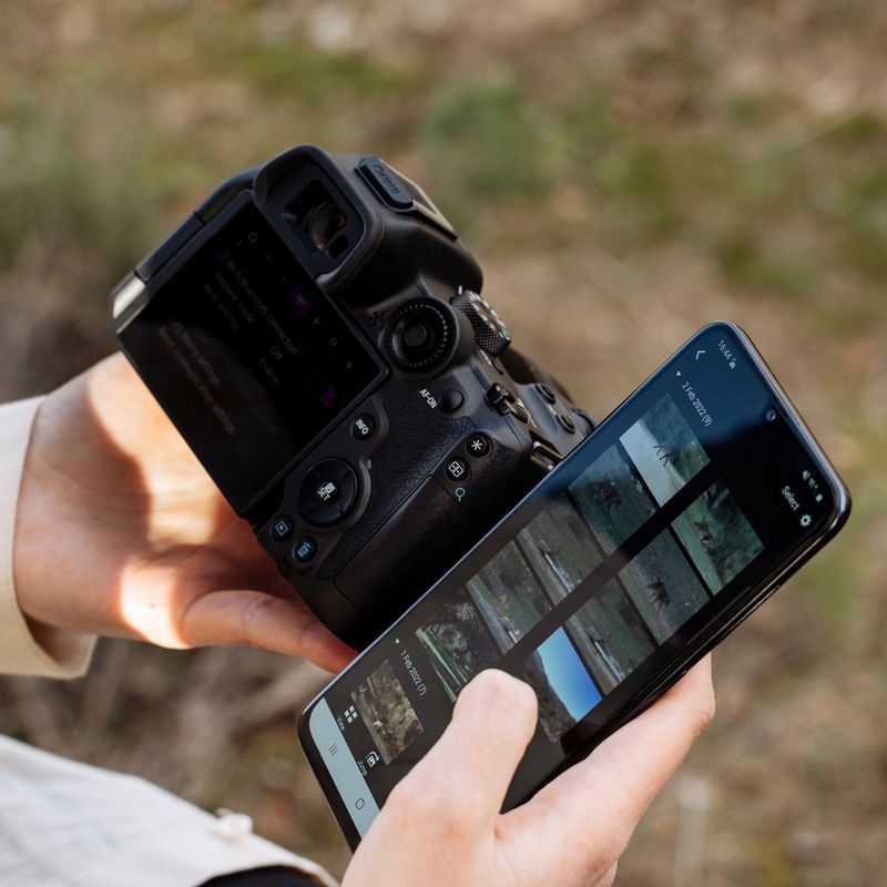 Canon EOS R7 spejlløst kamerahus + RF-S 18-150mm F3.5-6.3 IS STM-objektiv + RF-S 10-18mm F4.5-6.3 IS STM-objektiv  Person, der ser fotos på kameraets touchscreen og telefonen