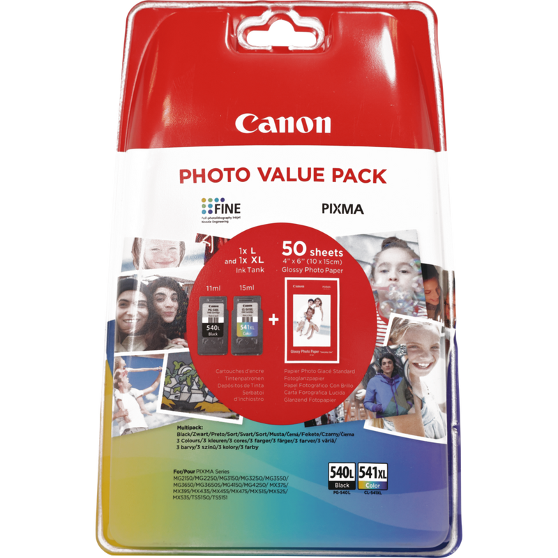 Canon PG-540L Black + CL-541XL Colour High Yield Ink Cartridges + Photo ...