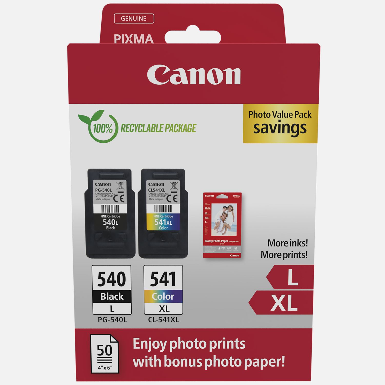 Pack PG-540 L / CL-541 XL Cartouches d'encre Canon + Papier Photo