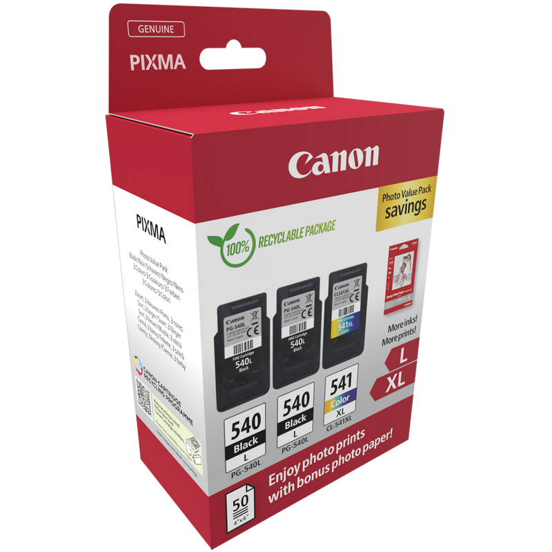 Canon PG-540L x2/CL-541XL Ink Cartridge + Photo Paper Value PackProduct Front Angled View
