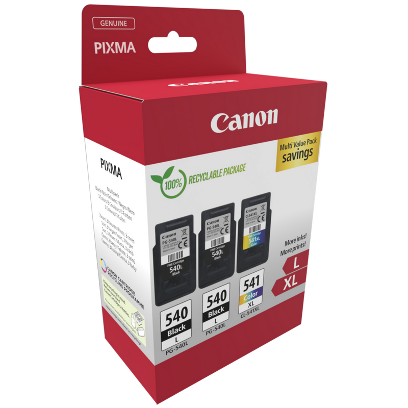 Canon PG-540L x2/CL-541XL High Yield Ink Cartridge Multipack Product Package front angled view
