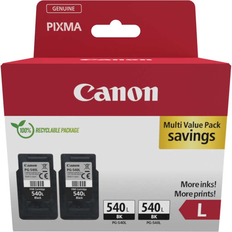 Canon PG-540L High Yield Black Ink Cartridge, Twin Pack Product Front View