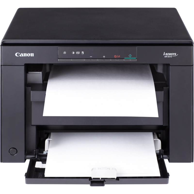 Canon i-SENSYS MF3010 3-in-1 Mono Laser Printer + 2 Black Toner Cartridges Product Front view with paper out