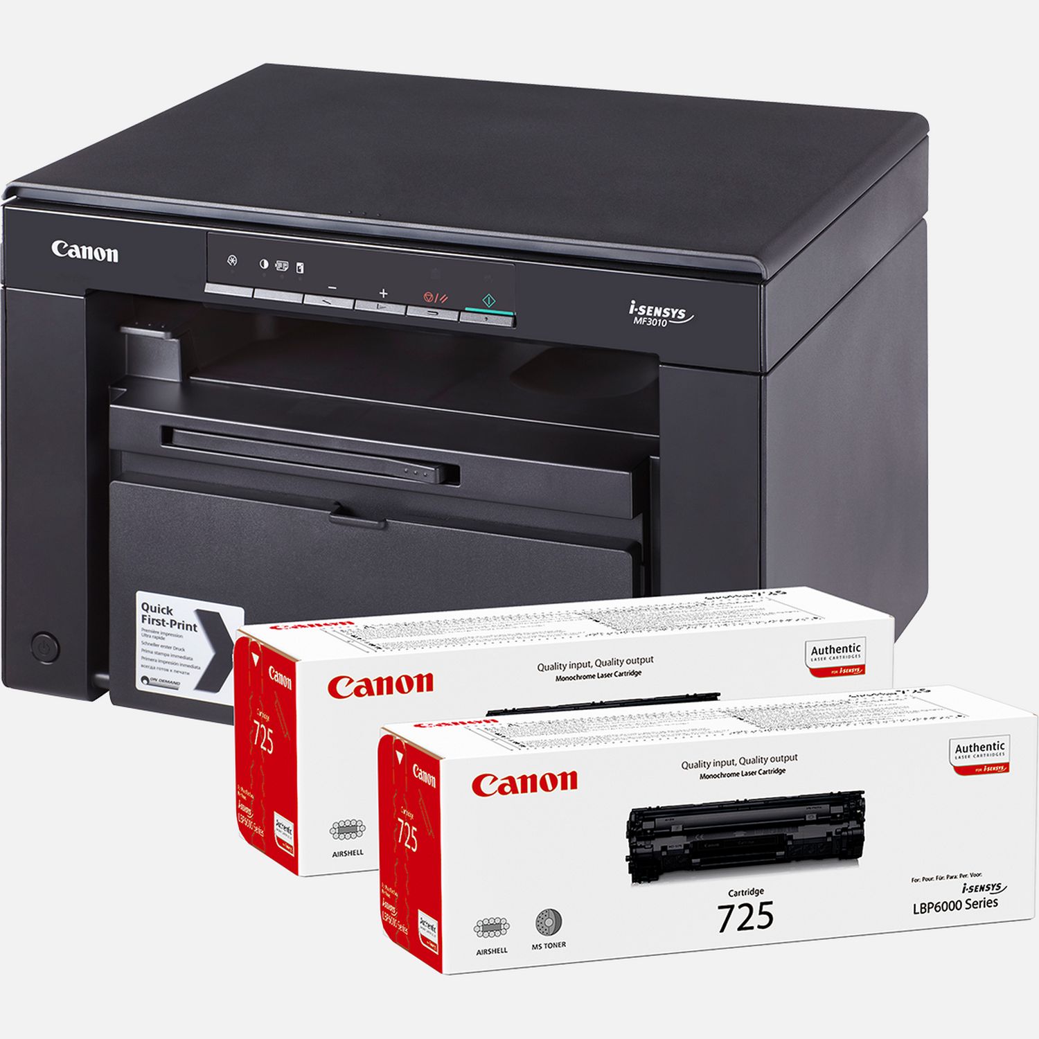 Image of Canon i-SENSYS MF3010 3-in-1 Mono Laser Printer + 2 Black Toner Cartridges