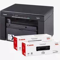 Vista frontal de producto de la impresora láser 3 en 1 en blanco y negro Canon i-SENSYS MF3010 + 2 cartuchos de tóner negro con 2 cartuchos de tóner