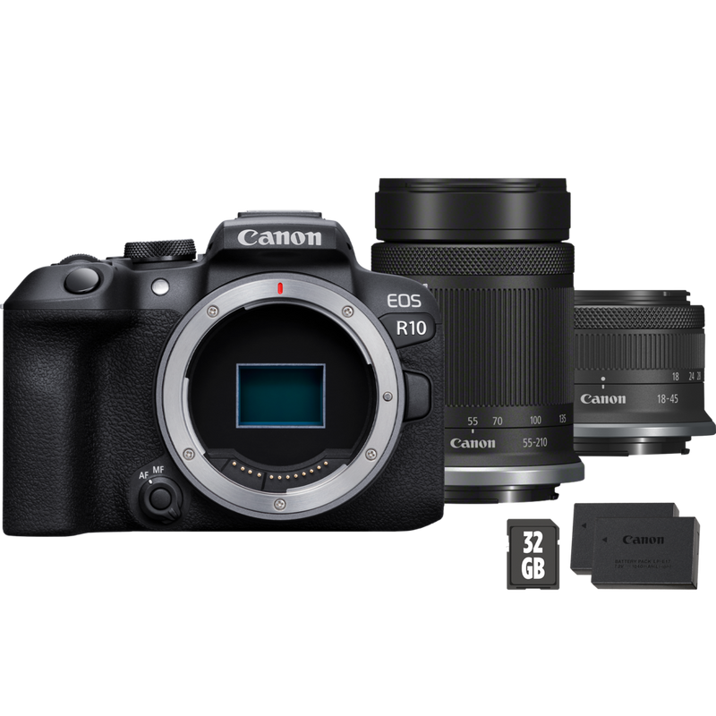 

Canon EOS R10 Mirrorless Camera + RF-S 55-210mm Lens + RF-S 18-45mm Lens + SD Card + Spare Battery