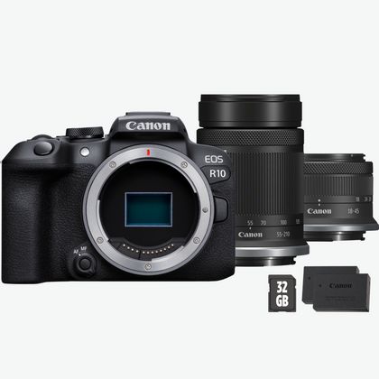Image of Canon EOS R10 Mirrorless Camera + RF-S 55-210mm Lens + RF-S 18-45mm Lens + SD Card + Spare Battery