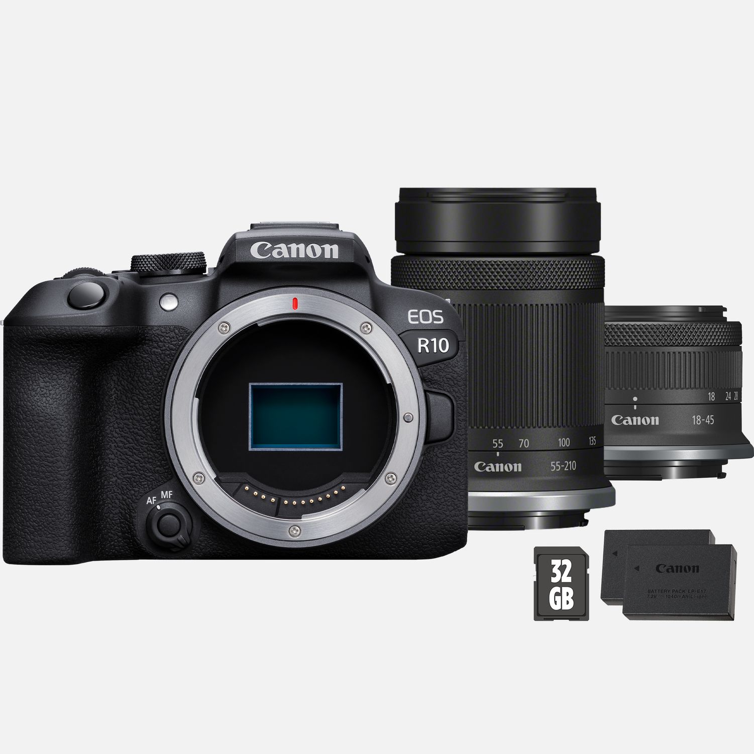 Buy Canon EOS R10 spiegellose Canon Ersatzakku WLAN-Kameras in RF-S Schweiz Objektiv RF-S Objektiv Kamera 55-210mm + Shop + SD-Karte + + 18-45mm —
