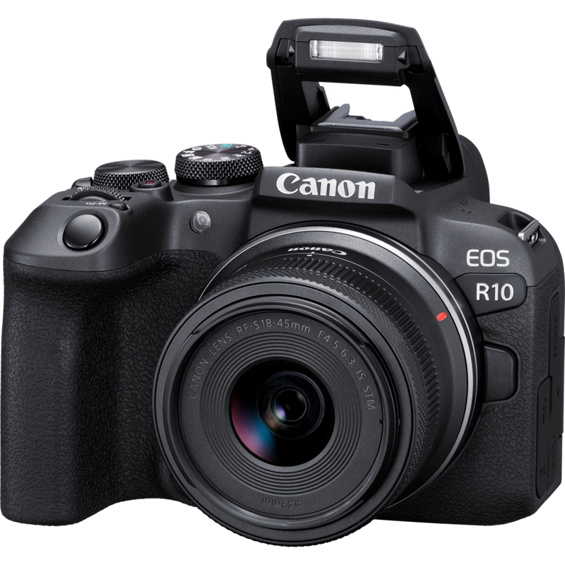 Appareil photo hybride Canon EOS R10 et objectif RF-S 18-45mm F4.5-6.3 IS STM - Vue inclinée