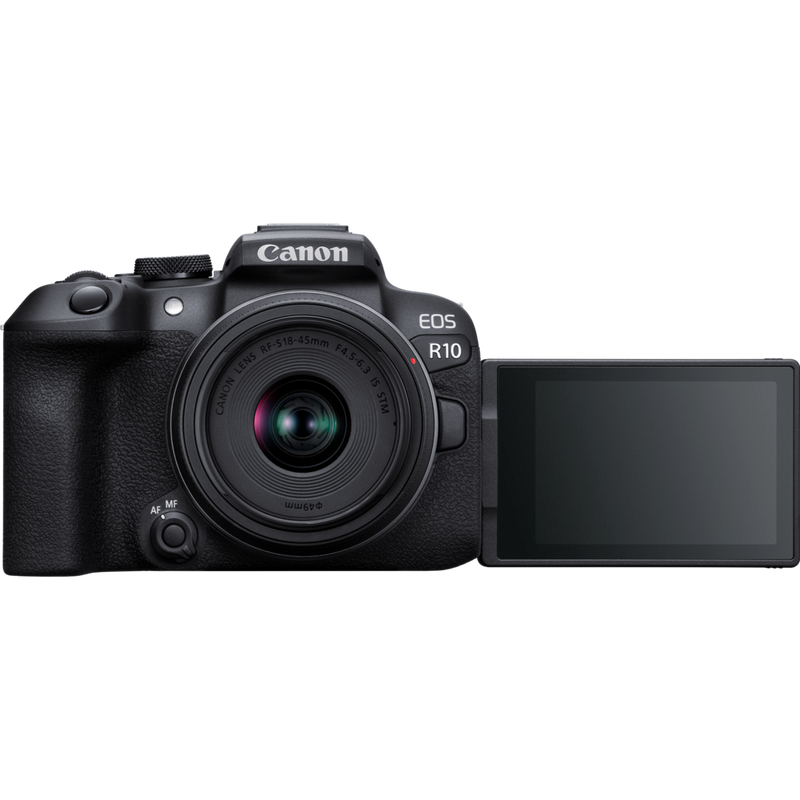 Appareil photo hybride Canon EOS R10 et objectif RF-S 18-45mm F4.5-6.3 IS STM - Vue avant avec écran ouvert