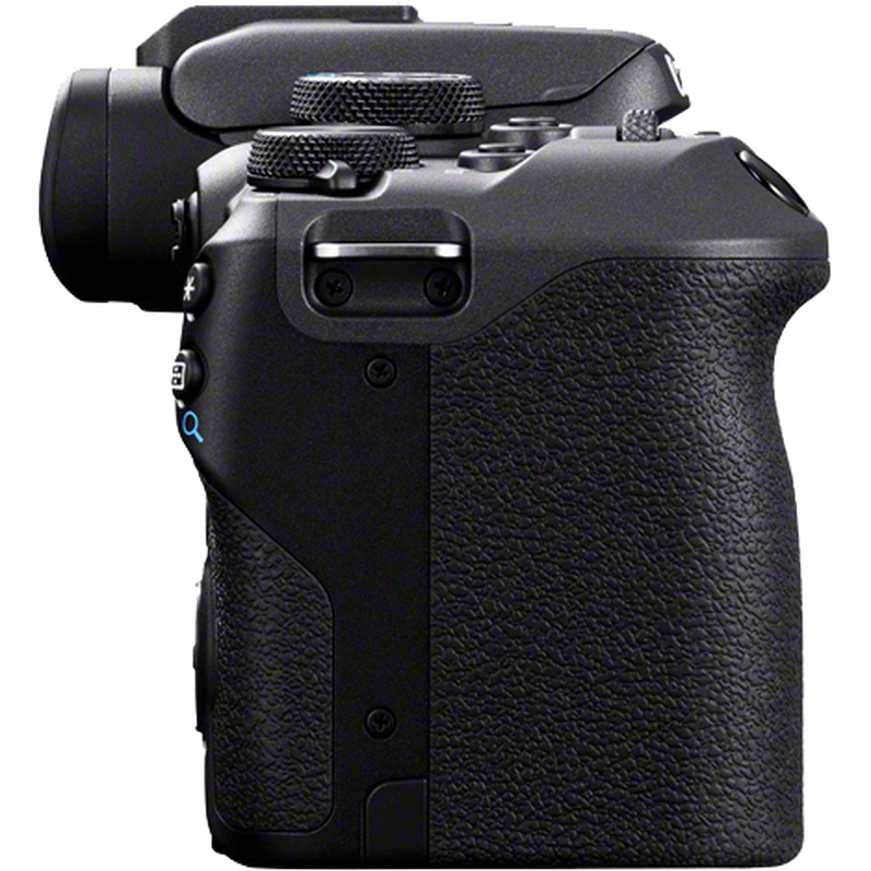 Vista derecha de producto de la cámara mirrorless Canon EOS R10 y el objetivo RF-S 18-150mm F3.5-6.3 IS STM