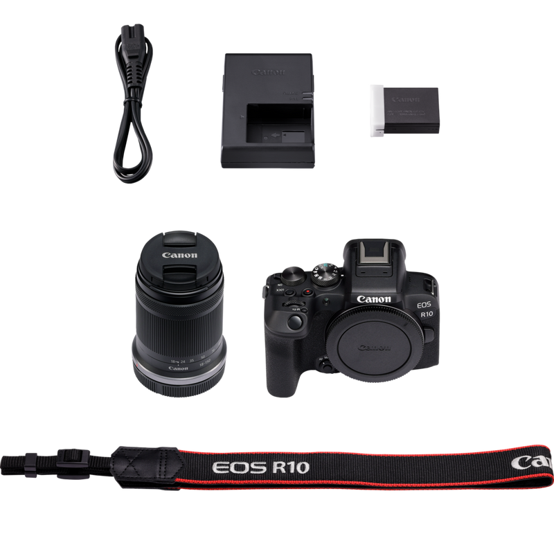Contenido de producto de la cámara mirrorless Canon EOS R10 y el objetivo RF-S 18-150mm F3.5-6.3 IS STM