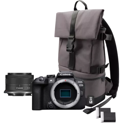 Canon EOS R10 Mirrorless Camera + RF-S 18-45mm F4.5-6.3 IS STM Lens + Backpack + SD Card + Spare Battery