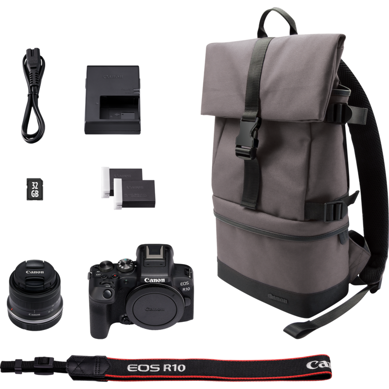 Canon EOS R10 Mirrorless Camera + RF-S 18-45mm F4.5-6.3 IS STM Lens + Backpack + SD Card + Spare Battery Product What's in the box