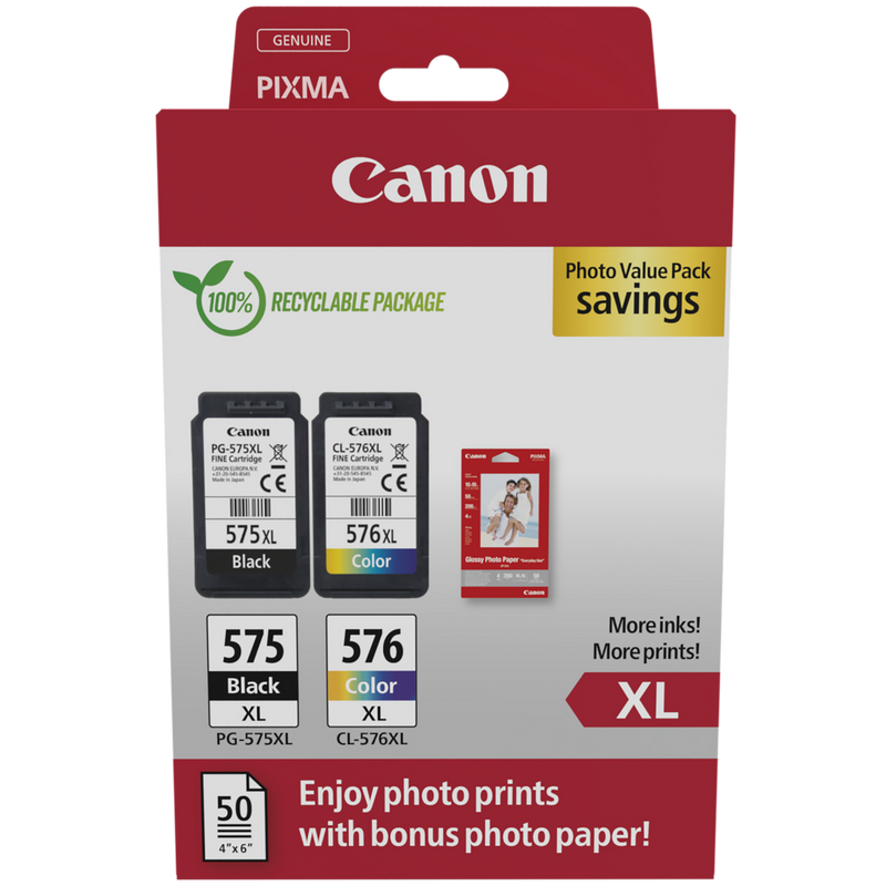 Canon PG-575XL/CL-576XL High Yield Ink Cartridge + Photo Paper Value Pack