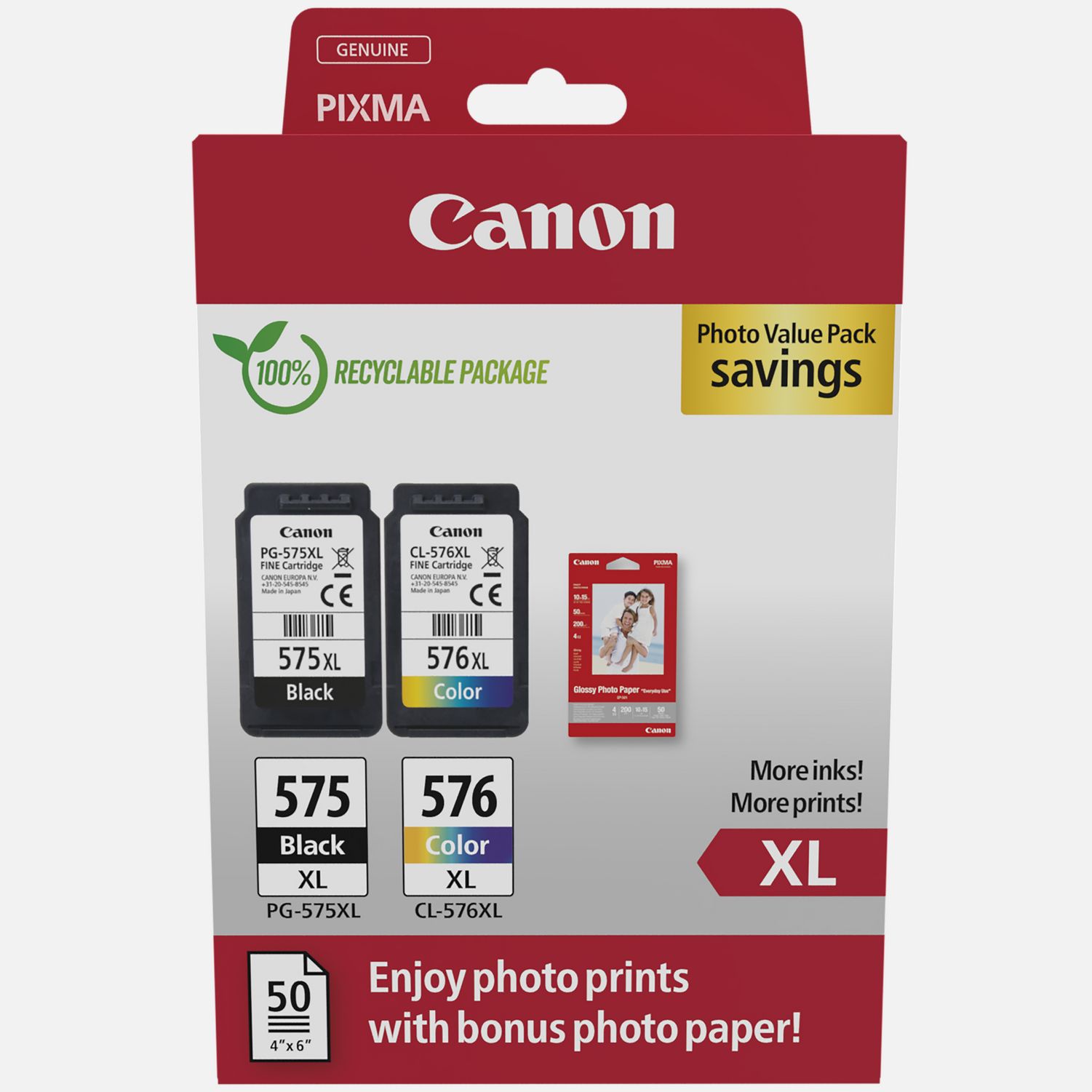 Confezione multipla cartucce d'inchiostro a resa elevata Canon PG-575XL/CL-576XL + carta fotografica