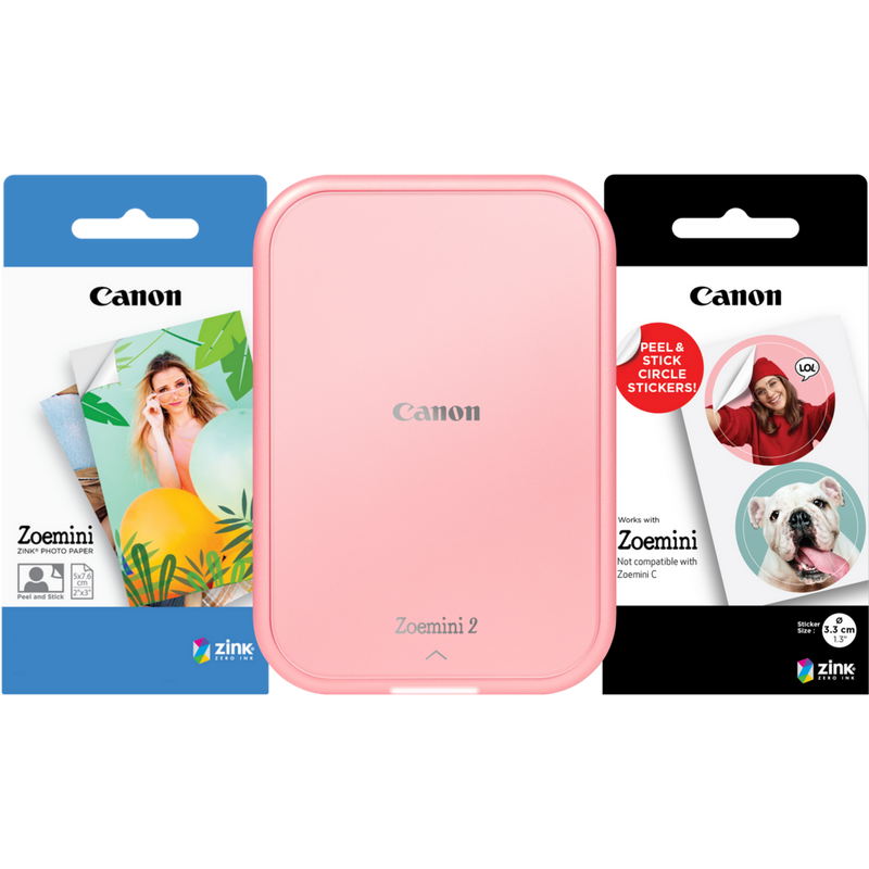 Canon Zoemini 2 Portable Colour Photo Printer, Rose Gold  + 5 x 7.6 cm ZINKa,,C/ Photo Paper x20 sheets + 3.3 cm ZINKa,,C/ Circle Sticker Paper x10 sheets