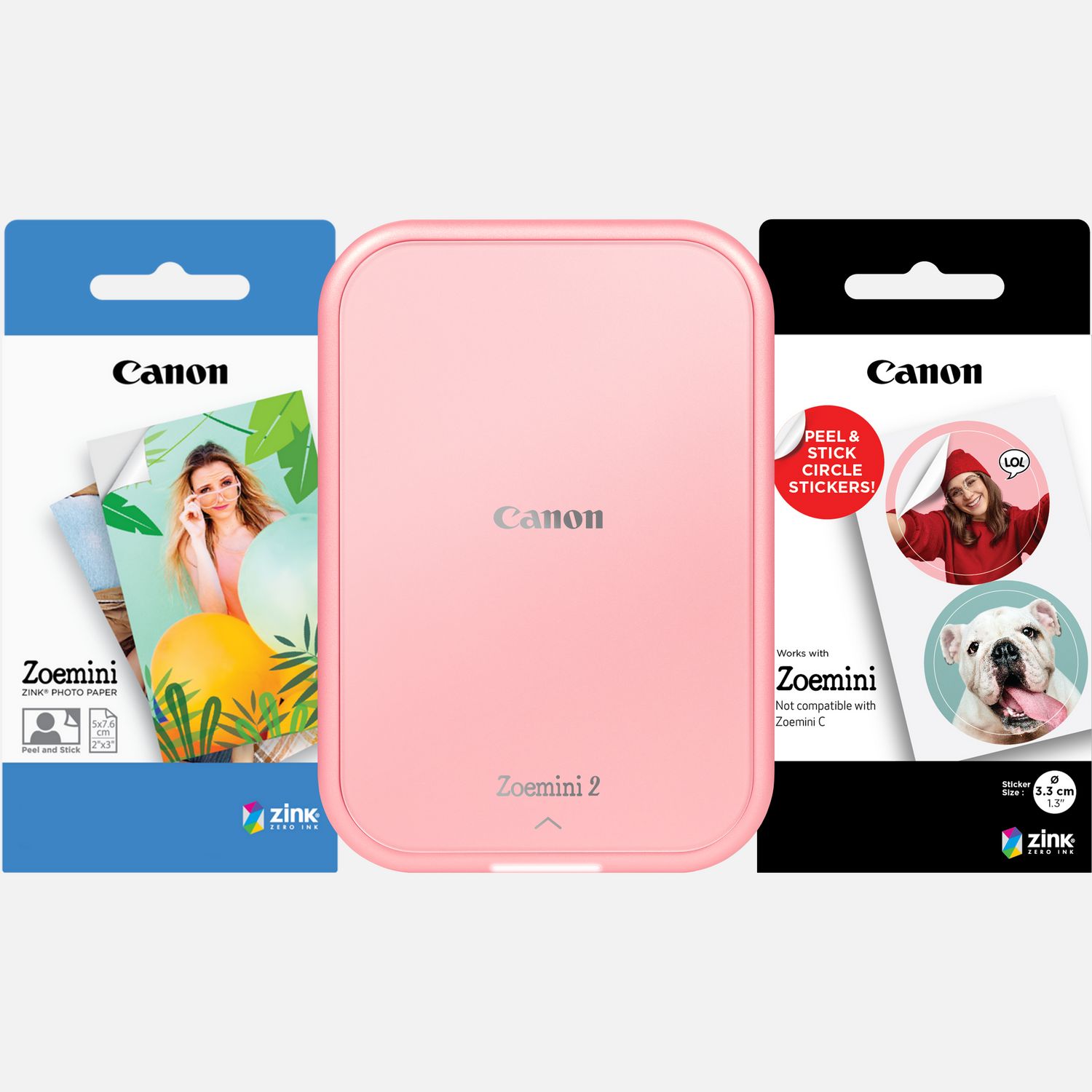 Stampante fotografica portatile a colori Canon Zoemini 2, rosa gold + Carta fotografica ZINK™ 5 x 7,6 cm (20 fogli) + Carta adesiva circolare ZINK™ 3,3 cm (10 fogli)