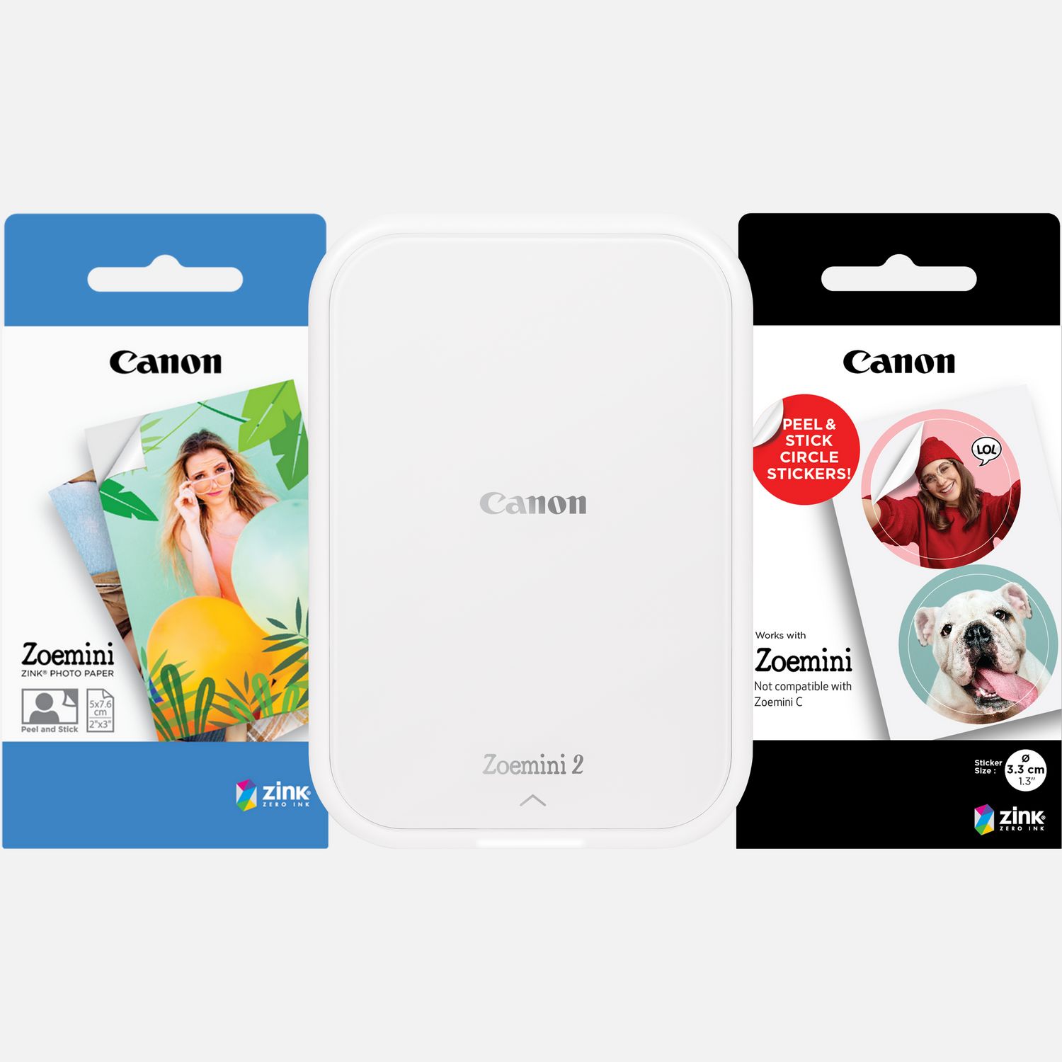 Imprimante photo couleur portable Canon Zoemini 2, blanc + papier photo autocollant ZINK™ 5 × 7,6 cm (20 feuilles) + papier autocollant circulaire ZINK™ 3,3 cm (10 feuilles)