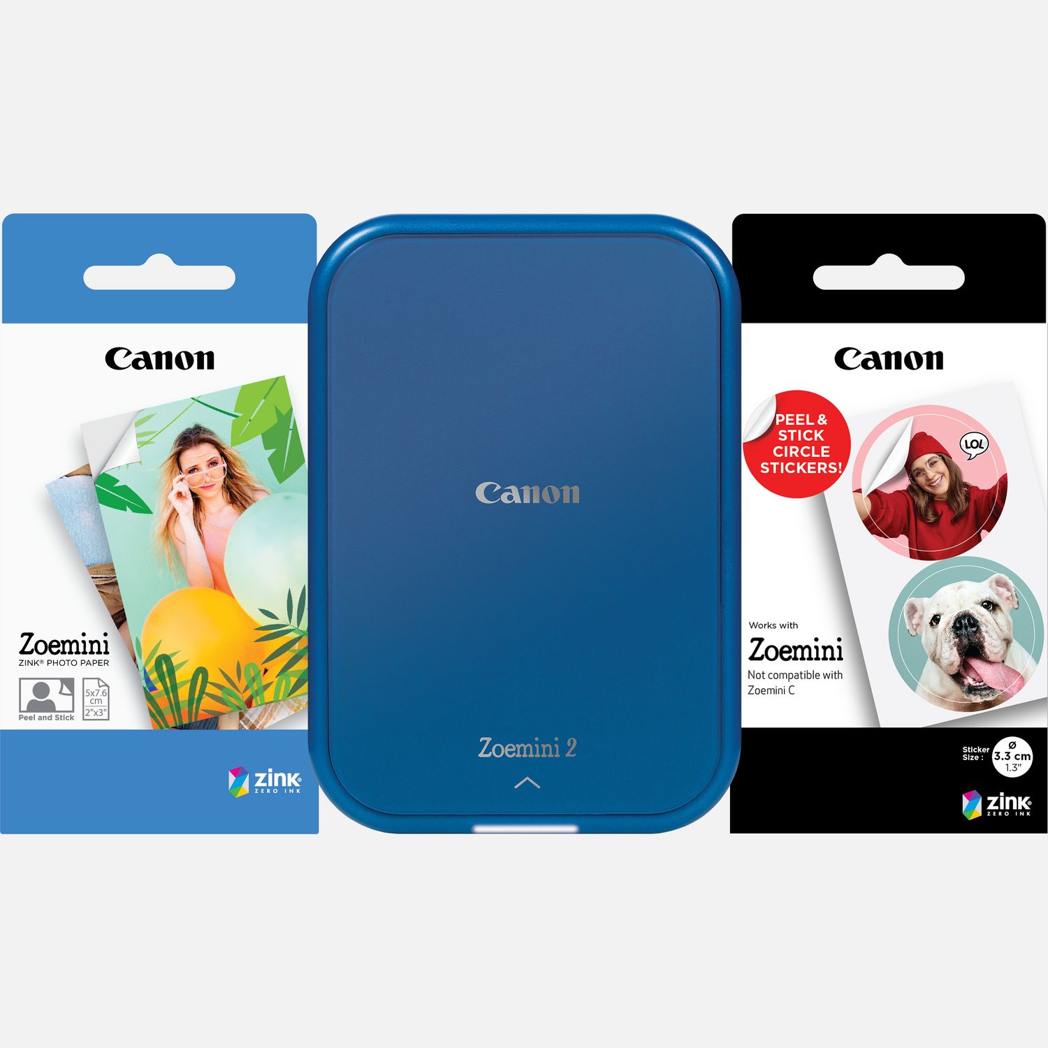Imprimante photo couleur portable Canon Zoemini 2, bleu marine + papier photo ZINK™ 5 × 7,6 cm (20 feuilles) + papier autocollant circulaire ZINK™ 3,3 cm (10 feuilles)