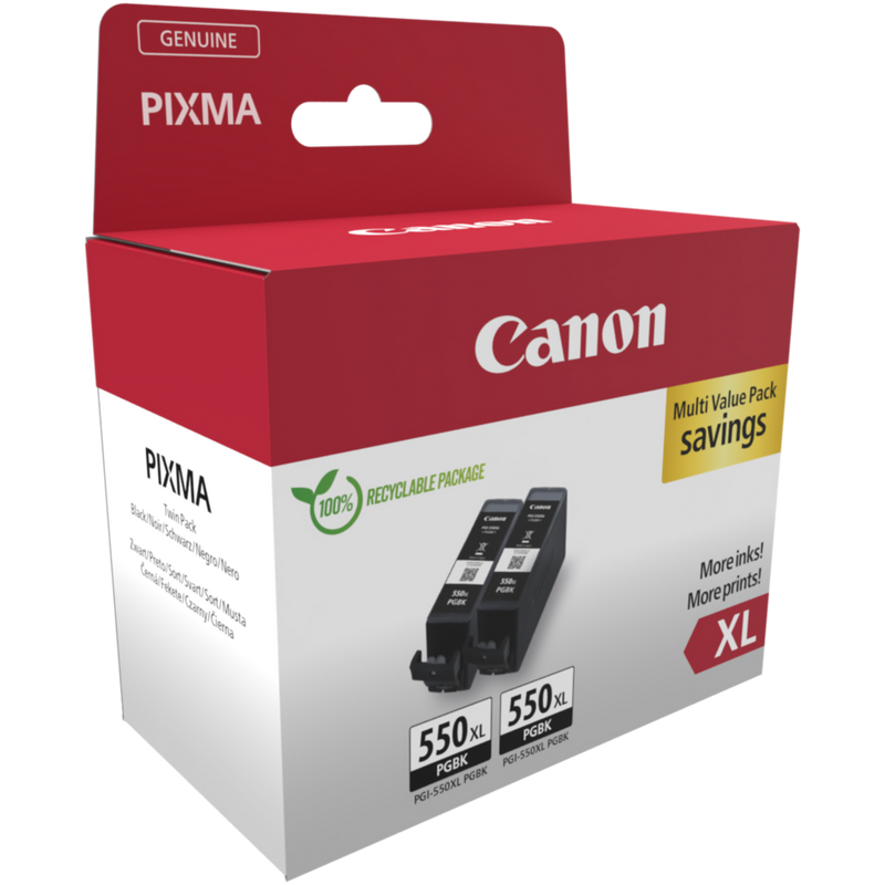 Canon PGI-550XL High Yield Black Ink Cartridge (Twin Pack) Product Package front angled view