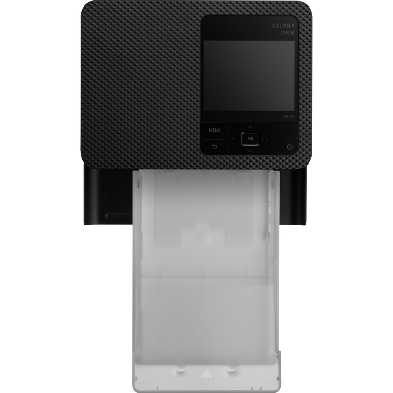Canon SELPHY CP1500 Colour Portable Photo Printer Paper Kit, Black Product Front view with paper cassette