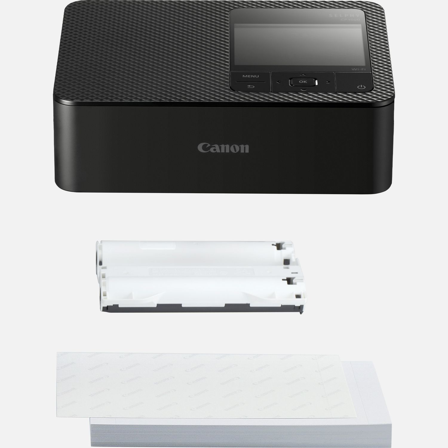 Canon Selphy CP1500 Impresora fotográfica compacta inalámbrica (negro) con  2 paquetes de papel de tinta a color KP-108IN (216 hojas de papel de 4 x 6  + 6 cartuchos de tinta), adaptador de corriente y : Productos de Oficina 
