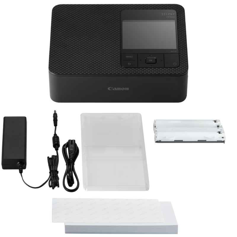 Canon SELPHY CP1500 Colour Portable Photo Printer Paper Kit, Black Product what's in the box
