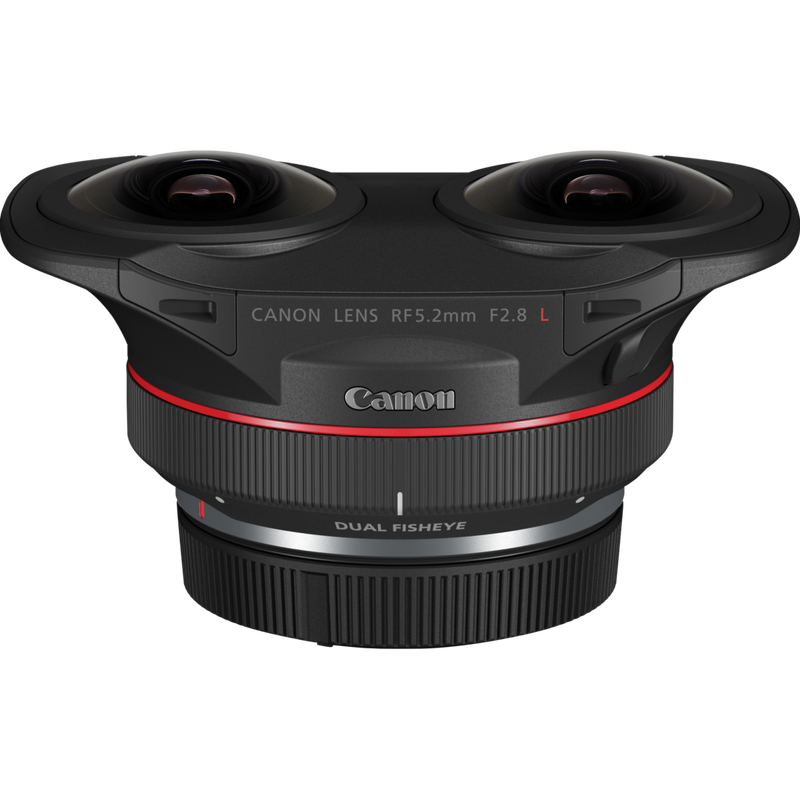 Canon RF 5.2mm F2.8L DUAL FISHEYE Lens Product Diagonal Top-Down View with the Dust Cap
