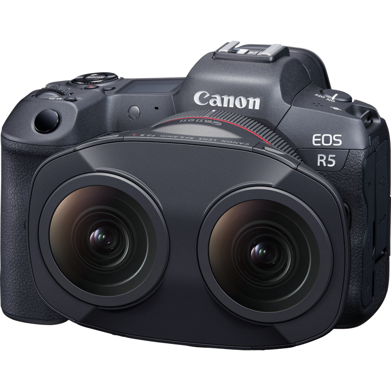 Canon RF 5.2mm F2.8L DUAL FISHEYE Lens Product Diagonal Front View with a Camera