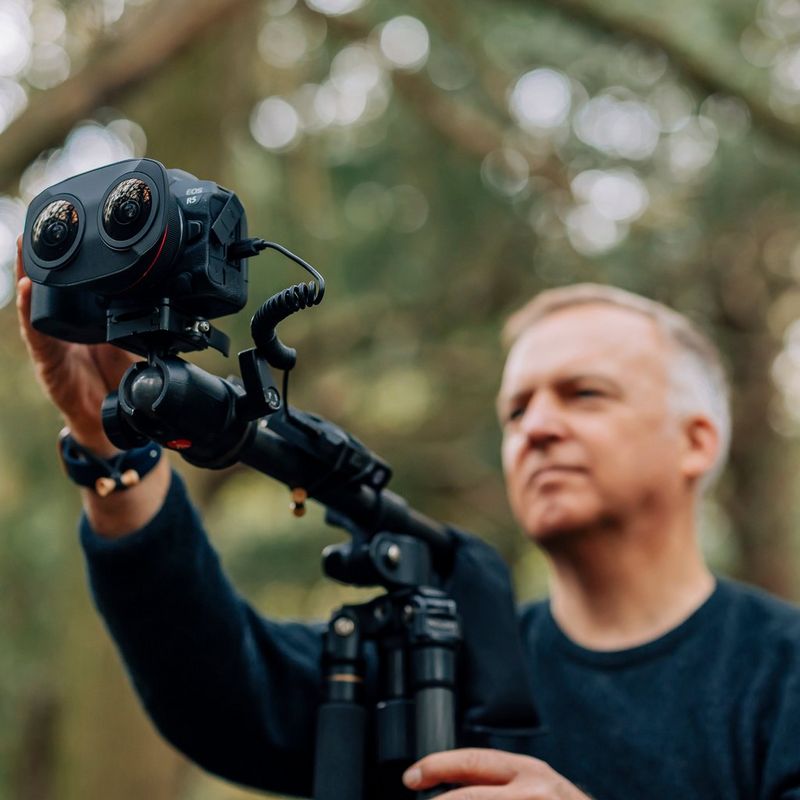 Canon RF 5.2mm F2.8L DUAL FISHEYE Lens A Man Taking a VR Image Using a Tripod