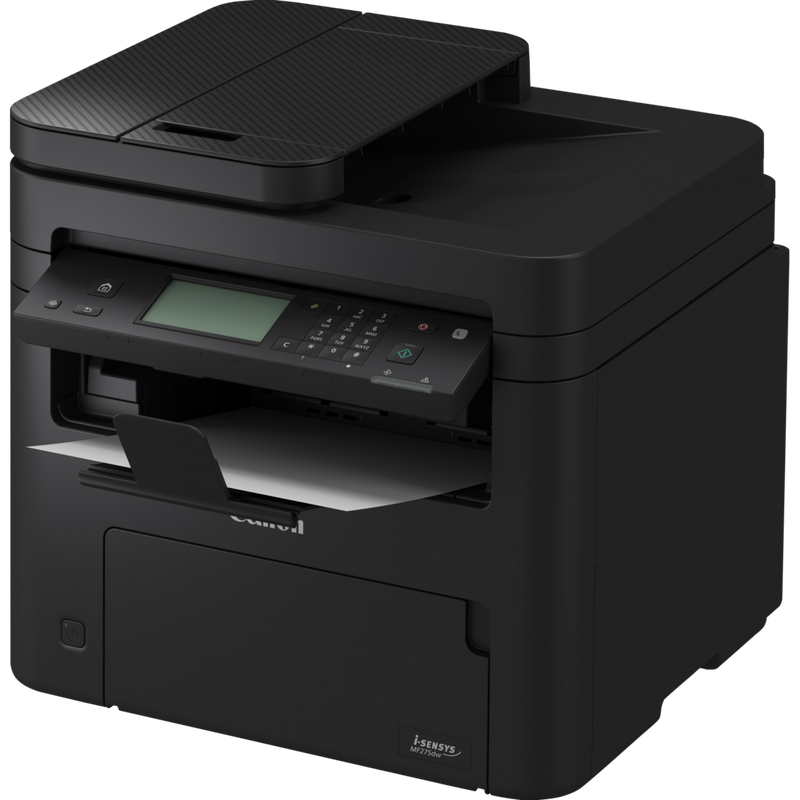 Canon i-SENSYS MF275dw alt-i-ett sort/hvitt-laserskriver sett skrått forfra med skuff åpen