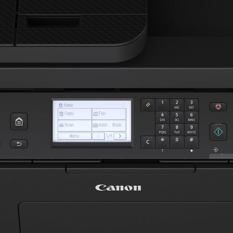 Canon i-SENSYS MF275dw alt-i-ett sort/hvitt-laserskriver sett forfra med skjerm