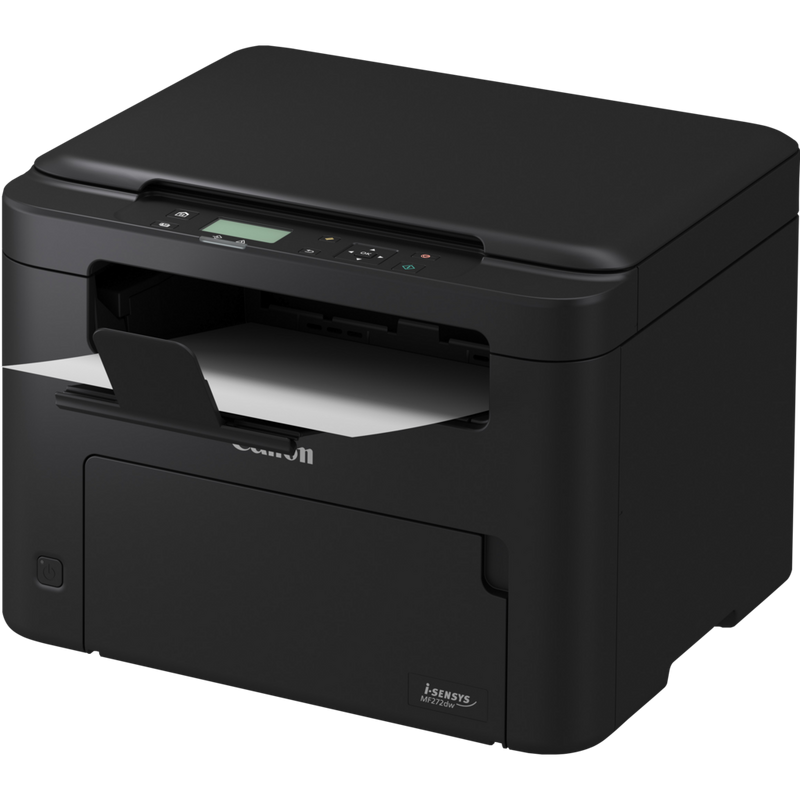 Imprimante laser monochrome 3-en-1 Canon i-SENSYS MF272dw - Vue avant inclinée avec bac déplié