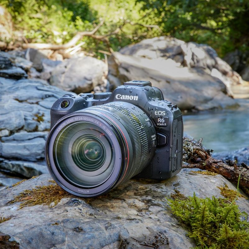 Canon EOS R6 Mark II Mirrorless Camera Lifestyle photo of camera on the rock