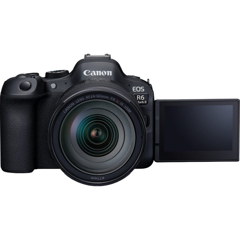 Canon EOS R6 Mark II Mirrorless Camera and RF 24-105mm F4L IS USM Lens Product Front View With Open Screen