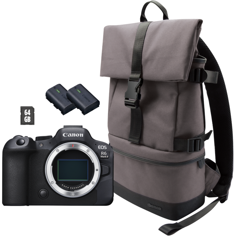 Canon EOS R6 Mark II Mirrorless Camera, Black  + Backpack + SD Card + Spare Battery