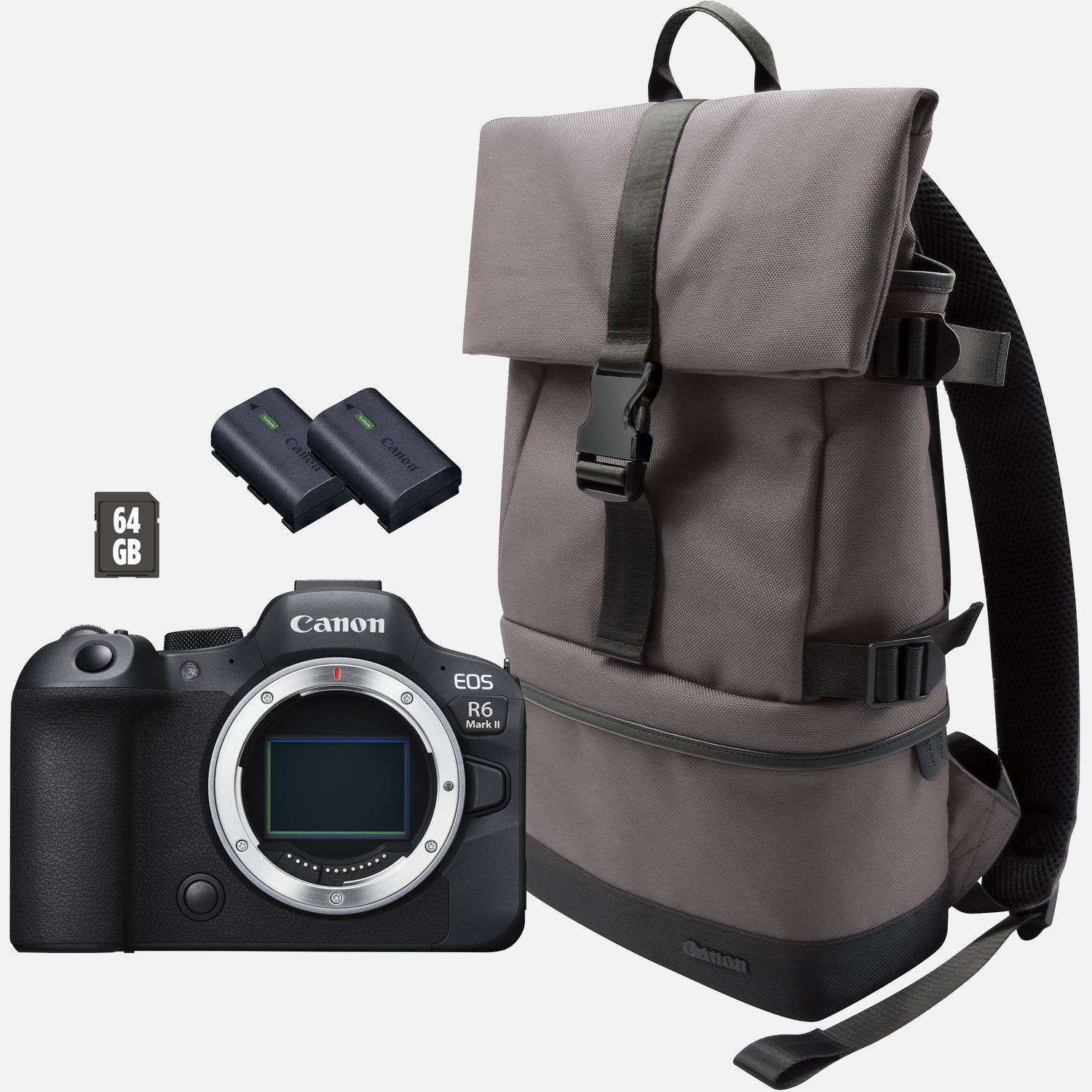 Canon EOS R6 Mark II Mirrorless Camera, Black + Backpack + SD Card + Spare Battery