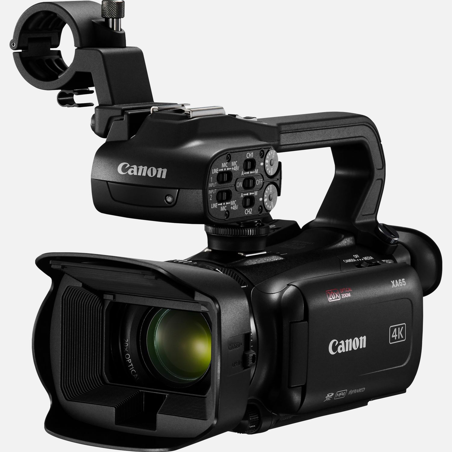 Die Canon XA65 ist eine leichte, professionelle 4K-Videokamera, die sich perfekt fr die Berichterstattung, den Bildungsbereich oder Dokumentarfilme eignet. Der Camcorder wurde speziell fr flexible Videoaufnahmen konzipiert und zeichnet hochwertiges Material auf, das dank 3G-SDI- und HDMI-Ausgngen problemlos in einen breiteren Workflow integriert werden kann. Neben der hervorragenden Oversampling-HD-Verarbeitung, dem fortschrittlichen Autofokus, dem Canon Objektiv mit 20fach optischem Zoom und dem UVC-HD-Livestreaming via USB-C ber einen Computer, knnen die Aufnahmen auch im XF-AVC- oder im MP4-Format aufgezeichnet und spter weitergegeben werden.  Vorteile      Der 4K 1/2,3-Zoll-Typ CMOS-Sensor und der DIGIC DV6 Bildprozessor sorgen fr atemberaubende 4K UHD- und hervorragende FullHD-Aufnahmen. Durch Oversampling der 4K-Sensordaten liefert der Camcorder auch erstklassige FullHD-Videos.          Das Canon Objektiv deckt einen Brennweitenbereich von 29,3 mm-Weitwinkel (quivalent KB-Vollformat) bis zu enormen 601 mm mit Dynamic IS ab. Der Digitalzoom liefert eine 800-fache Vergrerung mit 5-Achsen-Bildstabilisierung.          Die einstellbare Fokussiergeschwindigkeit und das fortschrittliche Hybrid-AF-System ermglichen eine schnelle und przise Fokussierung.          Auf dem 3,5-Zoll LC-Display kannst du den gewnschten Fokuspunkt per Berhrung festlegen.          XF-AVC 4K UHD 160 Mbit/s wird mit 25p aufgenommen und FullHD 45 Mbit/s mit 50p/ 50i/ 25p. Wenn kleinere Dateien gewnscht werden, stehen MP4 4K mit 150 Mbit/s und 25p sowie Full HD mit 35/17 Mbit/s und 50p/25p zur Verfgung.          Zu den Aufnahmeoptionen gehren 3G-SDI, HDMI, die gleichzeitige Backup- und fortlaufende Aufzeichnung ber zwei SD-Karten sowie der Infrarot-Modus.          Auerdem stehen Zeitlupenaufnahmen in Full HD mit halber Geschwindigkeit oder Zeitrafferaufnahmen in 4K/Full HD mit bis zu 1.200-facher Geschwindigkeit zur Verfgung. Eine Farbabstimmung mit anderen Canon Kameras ist ber das Men fr benutzerdefinierte Bildeinstellungen mglich.          Du kannst HD-Videos via UVC mit einem Computer live streamen und bei Bedarf auch einen Datums- und Zeitstempel einblenden. Zwei XLR-Anschlsse am abnehmbaren Griff und 4-Kanal-Linear-PCM bieten zudem professionelle Audiooptionen.          Lieferumfang       XA65 professioneller Camcorder         Tragegriff HDU-1         PD-E1 USB-Netzadapter         BP-820 Akku         Streulichtblende mit integriertem Objektivschutz         Mikrofonhalter              Technische Daten              4K UHD / 25p  MP4 bis zu 150 Mbit/s, XF-AVC bis zu 160 Mbit/s                20fach optischer Zoom  Weitwinkel-Zoomobjektiv mit einem Brennweitenbereich von 29,3  601mm (quivalent KB-Vollformat)                HD-Verarbeitung mit Oversampling  verwendet den 4K UHD-Sensor, um erstklassige Full HD-Bilder zu generieren                Optischer Bildstabilisator  Optimierter optischer 5-Achsen-Bildstabilisator mit Dynamic IS                Infrarot  IR-Modus fr hochwertige Videoaufnahmen bei extrem wenig bis gar keinem Umgebungslicht                Touchscreen  Einfache Fokuspunkt- und Kamerasteuerung ber 3,5-Zoll-Touchscreen                4-Kanal-Audio  Lineares PCM-Audio und 2 XLR-Eingnge plus integriertes Mikrofon                Zwei Steckpltze  Zwei Kartenslots fr die gleichzeitige oder fortlaufende Aufnahme auf SD-Karte                USB-C  Video-Livestreaming ber Mac und PC oder den GPS-Empfnger GP-E2 von Canon          Alle technischen Daten zeigen