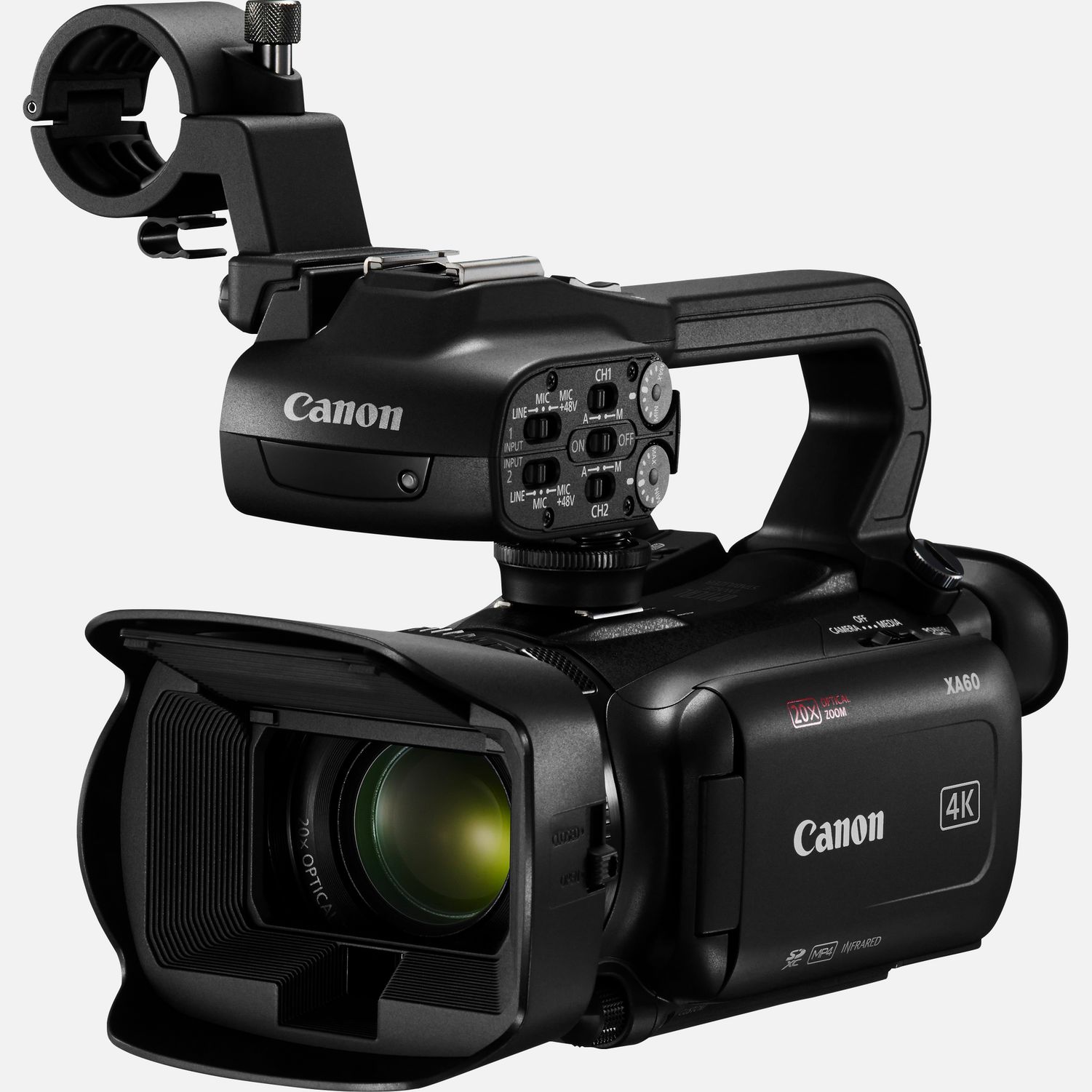 Die Canon XA60 ist eine professionelle Videokamera mit einem optimalen Verhltnis von Bildqualitt und Mobilitt, die sich ideal fr Reportagen, Dokumentarfilme und eine breite Palette anderer Aufnahmeanwendungen eignet. Du kannst berall hochwertige 4K UHD-Aufnahmen machen, die dank eines HDMI-Ausgangs problemlos in einen breiteren professionellen Workflow eingebunden werden knnen. Sie berzeugt mit hervorragender Oversampling-HD-Verarbeitung, dem fortschrittlichen Autofokus, dem Canon Objektiv mit 20fach optischem Zoom und UVC-HD-Livestreaming via USB-C ber einen Computer. Die Canon XA60 kann die Aufnahmen auch im XF-AVC- oder im MP4-Format aufzeichnen und spter weitergeben.  Vorteile      Der 4K 1/2,3-Zoll-Typ CMOS-Sensor und der DIGIC DV6 Bildprozessor sorgen fr atemberaubende 4K UHD- und hervorragende FullHD-Aufnahmen. Durch Oversampling der 4K-Sensordaten liefert der Camcorder auch erstklassige FullHD-Videos.          Das Canon Objektiv deckt einen Brennweitenbereich von 29,3 mm-Weitwinkel (quivalent KB-Vollformat) bis zu enormen 601 mm mit Dynamic IS ab. Der Digitalzoom liefert eine 800-fache Vergrerung mit 5-Achsen-Bildstabilisierung.          Die einstellbare Fokussiergeschwindigkeit und das fortschrittliche Hybrid-AF-System ermglichen eine schnelle und przise Fokussierung.          Auf dem 3,5-Zoll LC-Display kannst du den gewnschten Fokuspunkt per Berhrung festlegen.          XF-AVC 4K UHD 160 Mbit/s wird mit 25p aufgenommen und FullHD 45 Mbit/s mit 50p/ 50i/ 25p. Wenn kleinere Dateien gewnscht werden, stehen MP4 4K mit 150 Mbit/s und 25p sowie Full HD mit 35/17 Mbit/s und 50p/25p zur Verfgung.          Auerdem stehen Zeitlupenaufnahmen in Full HD mit halber Geschwindigkeit oder Zeitrafferaufnahmen in 4K/Full HD mit bis zu 1.200-facher Geschwindigkeit zur Verfgung. Eine Farbabstimmung mit anderen Canon Kameras ist ber das Men fr benutzerdefinierte Bildeinstellungen mglich.          Zu den Aufnahmeoptionen gehren HDMI, die gleichzeitige Backup- und fortlaufende Aufzeichnung ber zwei SD-Karten sowie der Infrarot-Modus.          Du kannst HD-Videos via UVC mit einem Computer live streamen und bei Bedarf auch einen Datums- und Zeitstempel einblenden. Zwei XLR-Anschlsse am abnehmbaren Griff und 4-Kanal-Linear-PCM bieten zudem professionelle Audiooptionen.          Lieferumfang       XA60 professioneller Camcorder         Tragegriff HDU-1         PD-E1 USB-Netzadapter         BP-820 Akku         Streulichtblende mit integriertem Objektivschutz         Mikrofonhalter              Technische Daten              4K UHD / 25p  MP4 bis zu 150 Mbit/s, XF-AVC bis zu 160 Mbit/s                20fach optischer Zoom  Weitwinkel-Zoomobjektiv mit einem Brennweitenbereich von 29,3  601mm (quivalent KB-Vollformat)                HD-Verarbeitung mit Oversampling  verwendet den 4K UHD-Sensor, um erstklassige Full HD-Bilder zu generieren                Optischer Bildstabilisator  Optimierter optischer 5-Achsen-Bildstabilisator mit Dynamic IS                Infrarot  IR-Modus fr hochwertige Videoaufnahmen bei extrem wenig bis gar keinem Umgebungslicht                Touchscreen  Einfache Fokuspunkt- und Kamerasteuerung ber 3,5-Zoll-Touchscreen                4-Kanal-Audio  Lineares PCM-Audio und 2 XLR-Eingnge plus integriertes Mikrofon                Zwei Steckpltze  Zwei Kartenslots fr die gleichzeitige oder fortlaufende Aufnahme auf SD-Karte                USB-C  Video-Livestreaming ber Mac und PC oder den GPS-Empfnger GP-E2 von Canon          Alle technischen Daten zeigen