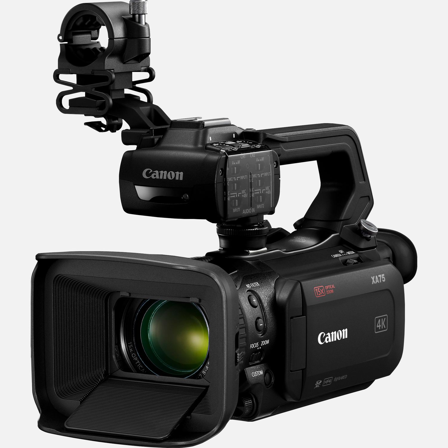Die Canon XA75 ist eine professionelle 4K-Videokamera, die viele professionelle Funktionen in einem kompakten Gehuse vereint. Dieser professionelle Camcorder eignet sich fr Dokumentarfilme, Journalismus und viele andere Anwendungen. Er passt in eine Handflche und ist intuitiv bedienbar. Dabei lassen sich alle Bedienelemente leicht mit Daumen und Fingern erreichen. Mit Oversampling werden erstklassige FullHD Videos erstellt, und der Dual Pixel CMOS AF und das Canon Objektiv mit optischem 15fach-Zoom sorgen stets fr scharfe und przise Ergebnisse. Und wenn du deine Inhalte live bertragen willst, bietet der Camcorder HD-Livestreaming mit UVC via USB-C ber einen Computer. Hochwertige 4K UHD Videos  im XF-AVC- oder MP4-Format  lassen sich dank der 3G-SDI- und HDMI-Ausgnge problemlos in einen breiteren professionellen Workflow einbinden.  Vorteile      Der 4K 1,0-Zoll-Typ CMOS-Sensor und der DIGIC DV6 Bildprozessor sorgen fr atemberaubende 4K UHD- und hervorragende FullHD-Aufnahmen. Durch Oversampling der Sensordaten liefert der Camcorder auch erstklassige FullHD-Videos.          Das Canon Objektiv deckt einen Brennweitenbereich von 25,5 bis 382 mm (quivalent KB-Vollformat) ab. Der Digitalzoom liefert eine 300-fache Vergrerung mit 5-Achsen-Bildstabilisierung.          Die einstellbare Fokussiergeschwindigkeit und der Dual Pixel CMOS AF ermglichen eine schnelle und przise Fokussierung.          Auf dem 3,5-Zoll LC-Display kannst du den gewnschten Fokuspunkt per Berhrung festlegen. Gesichtserkennungs-AF und Gesichtsverfolgung sind verfgbar, whrend der Fokus-/Zoomring die manuelle Fokussierung ermglicht.          Als Aufnahmeformat kannst du zwischen XF-AVC und MP4 whlen. XF-AVC 4K UHD 160 Mbit/s wird mit 25p aufgenommen und FullHD 45 Mbit/s mit 50p/ 50i/ 25p. Wenn kleinere Dateien gewnscht werden, stehen MP4 4K mit 150 Mbit/s und 25p sowie Full HD mit 35/17 Mbit/s und 50p/25p zur Verfgung.          Zu den Aufnahmeoptionen gehren 3G-SDI, HDMI und USB-C, die gleichzeitige Backup- und fortlaufende Aufzeichnung ber zwei SD-Karten sowie der Infrarot-Modus.          Auerdem stehen Zeitlupenaufnahmen in Full HD mit halber Geschwindigkeit oder Zeitrafferaufnahmen in 4K/Full HD mit bis zu 1.200-facher Geschwindigkeit zur Verfgung. Infrarot-Modus fr Aufnahmen bei extrem wenig Umgebungslicht. Eine Farbabstimmung mit anderen Canon Kameras ist ber das Men fr benutzerdefinierte Bildeinstellungen mglich.          Du kannst HD-Videos via UVC mit einem Computer live streamen und bei Bedarf auch einen Datums- und Zeitstempel einblenden. Zwei XLR-Anschlsse am abnehmbaren Griff und 4-Kanal-Linear-PCM bieten zudem professionelle Audiooptionen.          Lieferumfang       XA75 professioneller Camcorder         Tragegriff HDU-1         PD-E1 USB-Netzadapter         BP-820 Akku         Streulichtblende mit integriertem Objektivschutz         Mikrofonhalter              Technische Daten              4K UHD / 25p - MP4 bis 150 Mbit/s, XF-AVC bis 160 Mbit/s                15fach optischer Zoom  25,5 - 382,5mm, 4K Weitwinkel-Zoom                HD-Verarbeitung mit Oversampling  verwendet den 4K UHD-Sensor, um erstklassige Full HD-Bilder zu generieren                Optischer IS  Optimierter optischer 5-Achsen-Bildstabilisator mit Dynamic IS                Infrarot-Modus  Fr hochwertige Videoaufnahmen bei extrem wenig bis gar keinem Umgebungslicht                Touchscreen  3,5-Zoll-Touchscreen fr die intuitive Kamera- und Autofokussteuerung                4-Kanal-Audio  Lineares PCM-Audio und 2 XLR-Eingnge plus integriertes Mikrofon                Zwei Speicherkarten-Steckpltze  Gleichzeitige oder fortlaufende Aufzeichnung auf SD-Karte                USB-C - Livestreaming per Mac oder PC oder mit dem Canon GP-E2 GPS-Empfnger          Alle technischen Daten zeigen