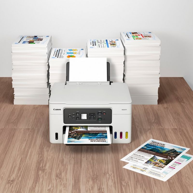 Canon MAXIFY GX3040 Wireless 3-in-1 Refillable MegaTank Inkjet Printer Product kept with a stack of papers