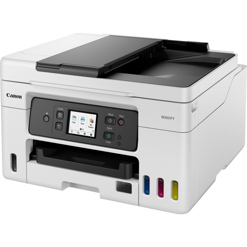Bezprzewodowa, wielofunkcyjna atramentowa drukarka kolorowa Canon MAXIFY GX4040 z uzupełnianymi pojemnikami MegaTank Produkt Widok z przodu, z otwarta tacą