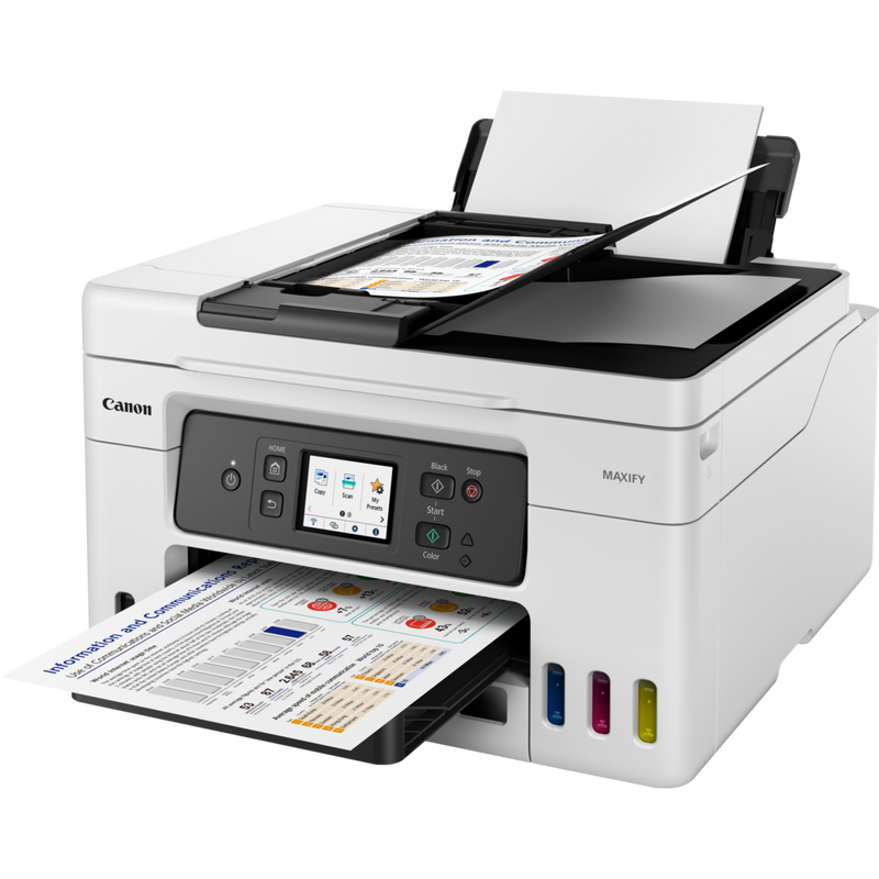 Bezprzewodowa, wielofunkcyjna atramentowa drukarka kolorowa Canon MAXIFY GX4040 z uzupełnianymi pojemnikami MegaTank Produkt Widok z prawej strony, z otwartą tacą